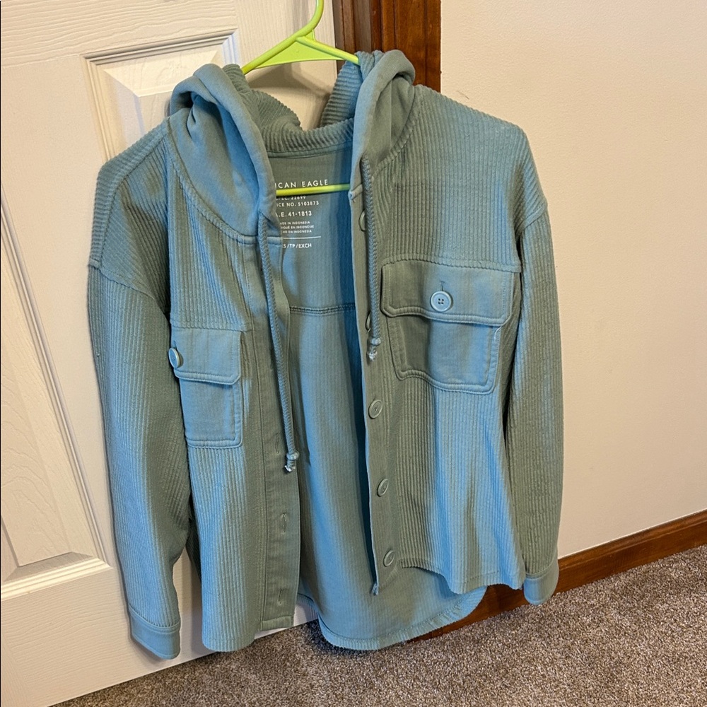 American Eagle Outfitters Sage Green Ribbed Hooded Shacket
